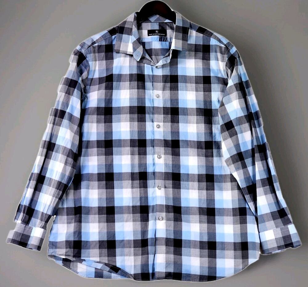Hart Schaffner Marx Men's XL Long Sleeve Shirt Blue Grey Plaid Checkered Cotton